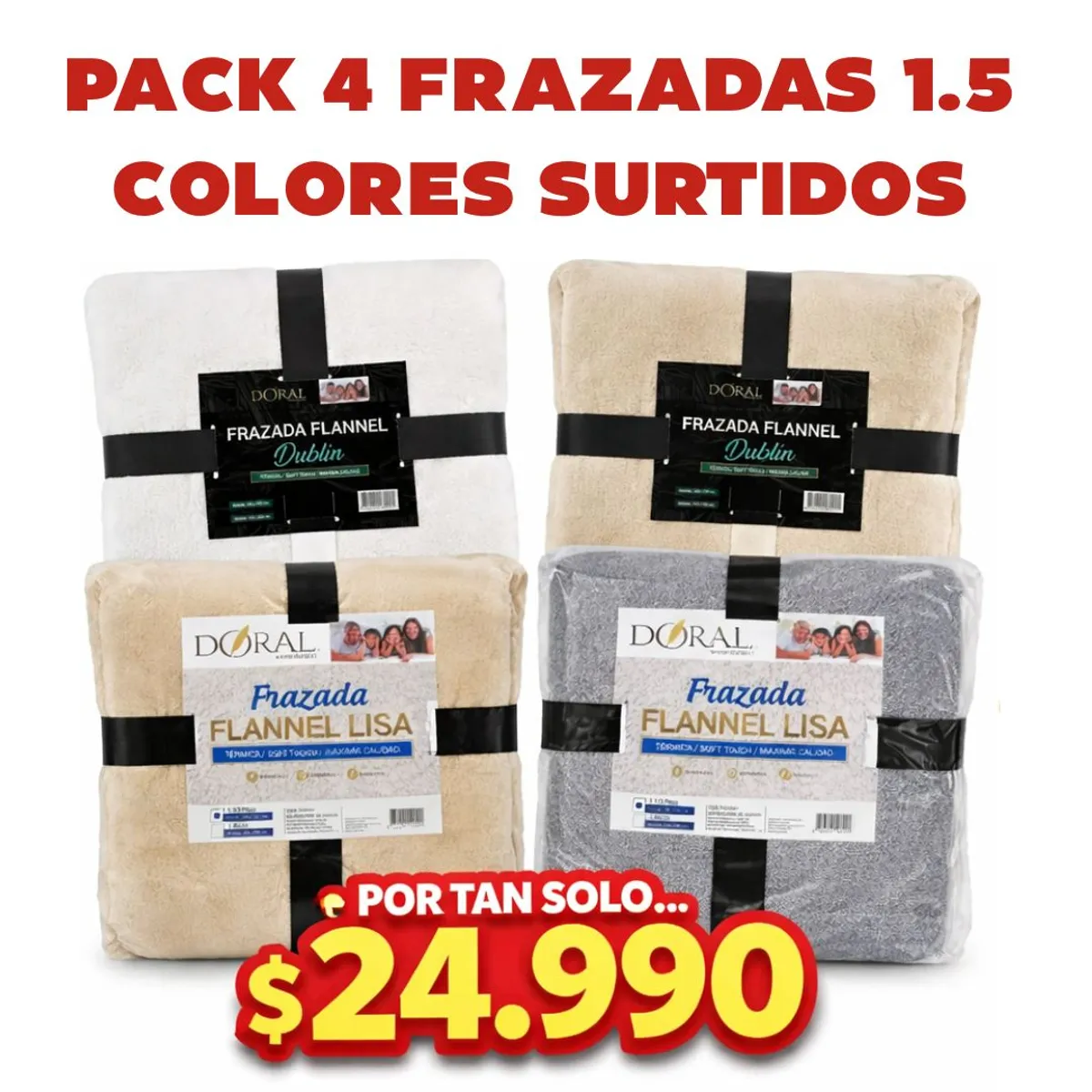 DORAL - PACK DE 4 Frazadas Térmica Doral 1.5 Plazas COLORES SURTIDOS