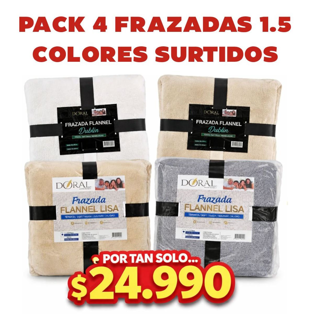 DORAL - PACK DE 4 Frazadas Térmica Doral 1.5 Plazas COLORES SURTIDOS