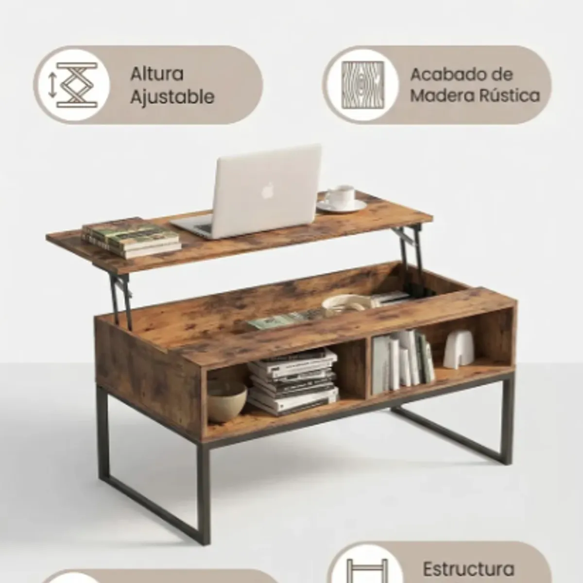IDEEHOUSE - Mesa De Centro Estilo Rústico Elevable Marrón