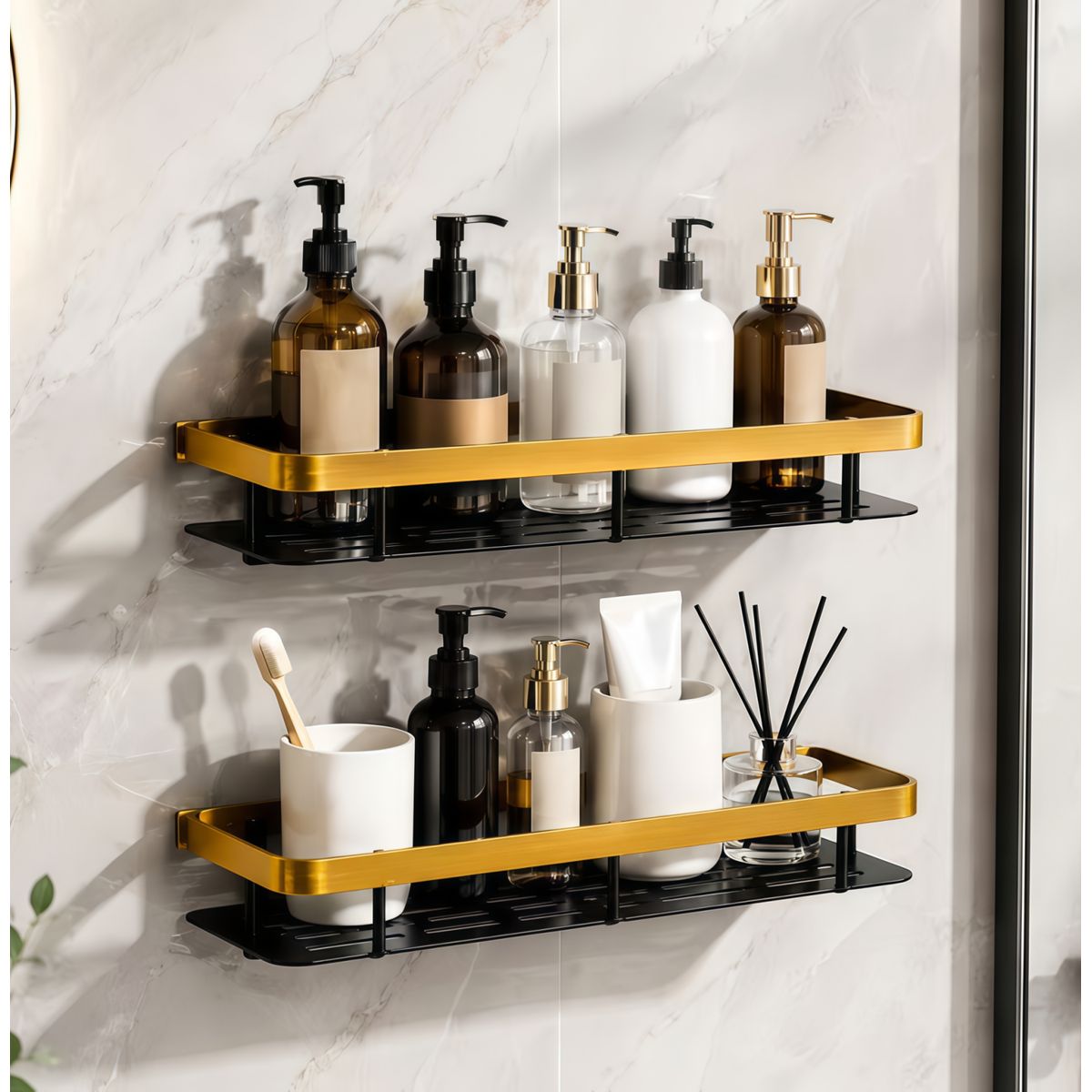 GENERICO - Pack 2 Estante Organizador Sin Perforación para Baño y Cocina Cuadrado Dorado