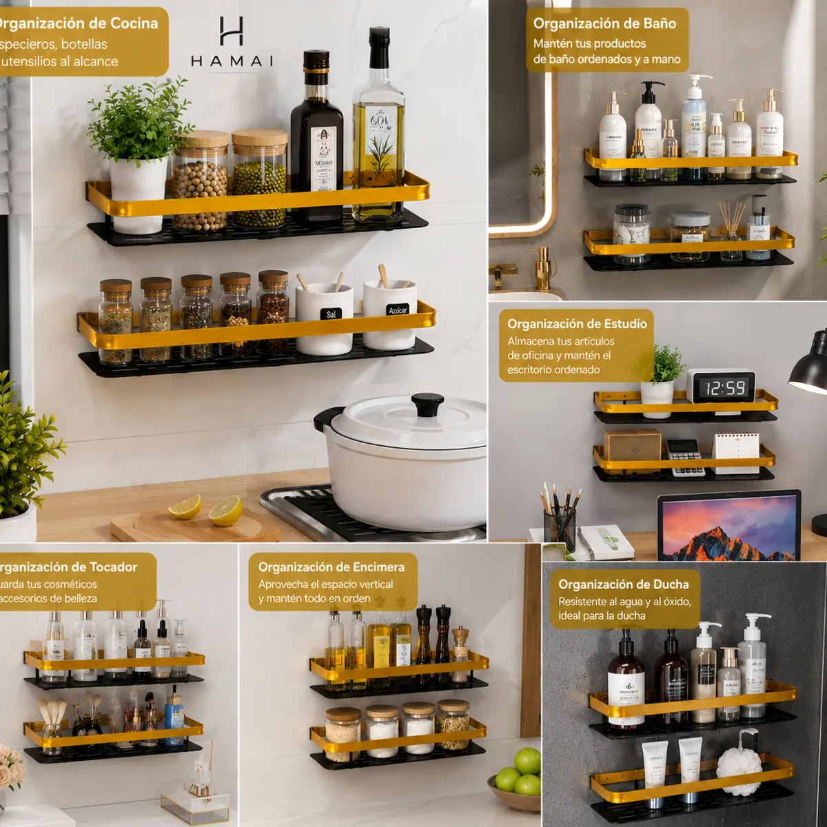 GENERICO - Pack 2 Estante Organizador Sin Perforación para Baño y Cocina Cuadrado Dorado