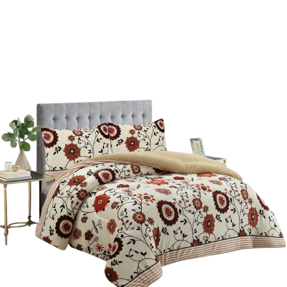 GENERICO - Cobertor Plush con chiorro , 1 plaza y media ,  Beige floreado