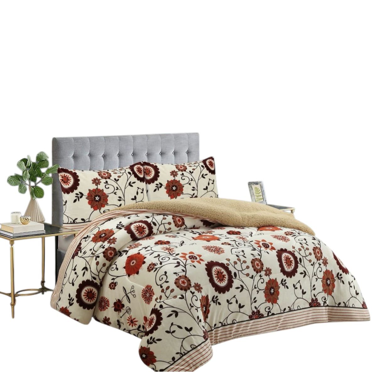 GENERICO - Cobertor Plush con chiorro , 1 plaza y media ,  Beige floreado