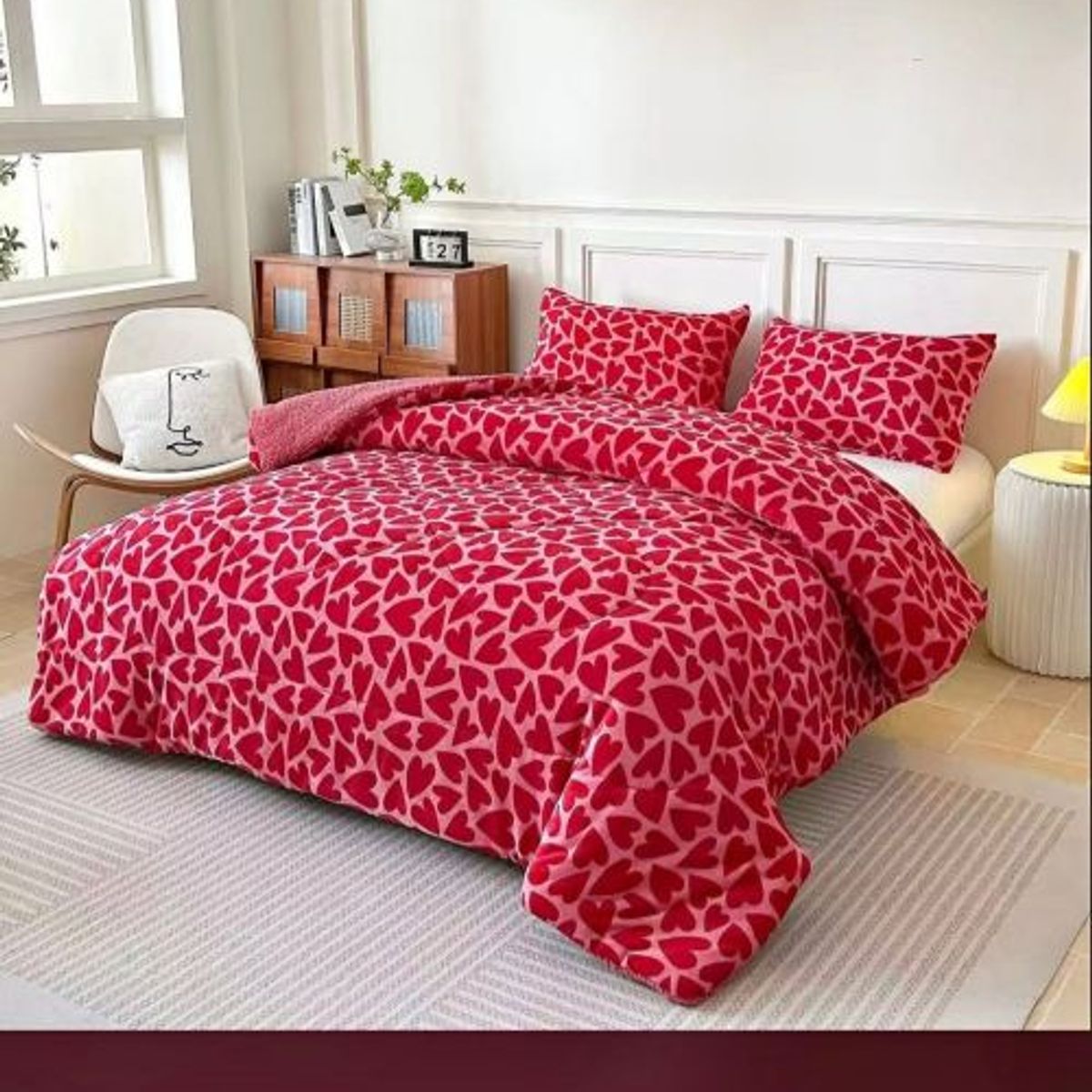 GENERICO - Cobertor de invierno de Plush y Chiporro 2 Plazas Corazones Rojo