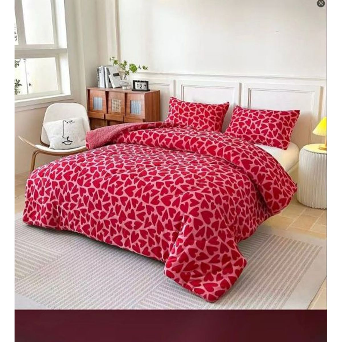 GENERICO - Cobertor de invierno de Plush y Chiporro 2 Plazas Corazones Rojo