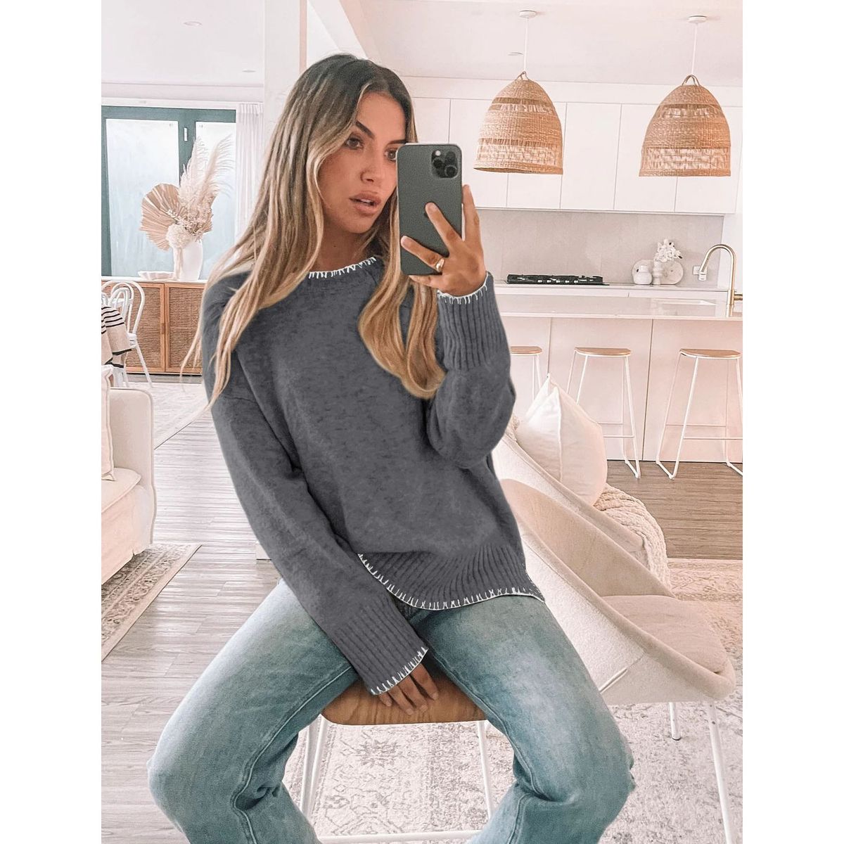 TIOZONEY - Sweater de mujer con cuello redondo