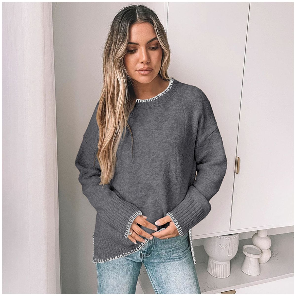 TIOZONEY - Sweater de mujer con cuello redondo