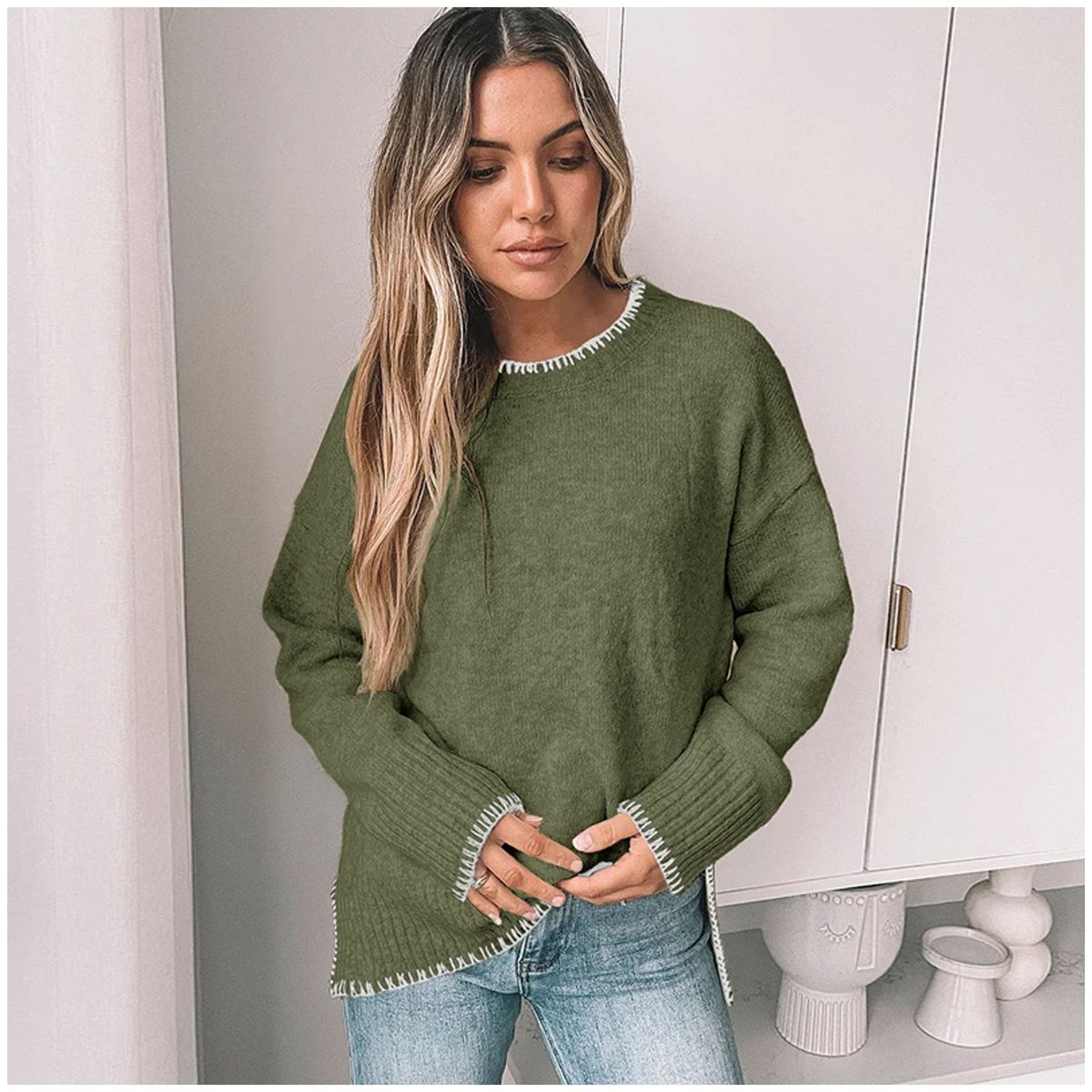 TIOZONEY - Sweater de mujer con cuello redondo