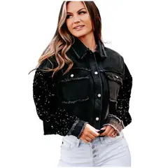 TIOZONEY - Chaqueta vaquero corta para mujeres - Negro
