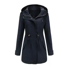 TIOZONEY - Cortavientos largo con gorro para mujer - Azul Marino