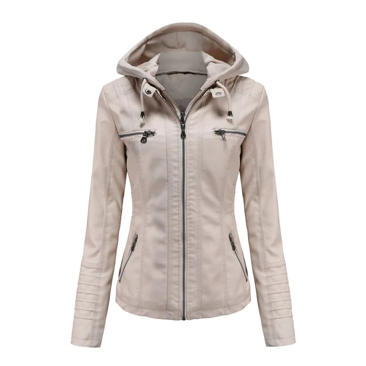 TIOZONEY - Chaqueta de PU con gorro para mujer - Crema