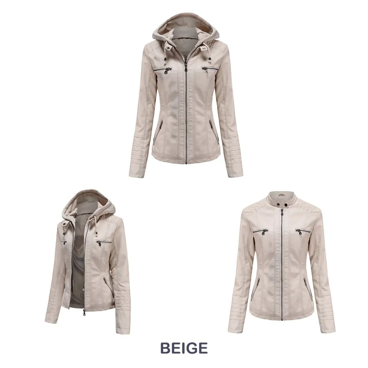 TIOZONEY - Chaqueta de PU con gorro para mujer - Crema