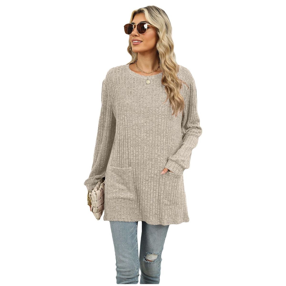 TIOZONEY - Cuello redondo de mujer y manga larga