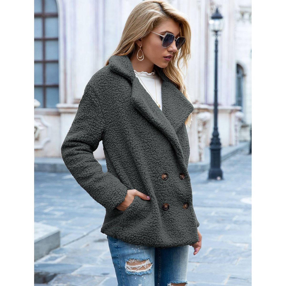 TIOZONEY - Chaqueta de felpa para mujer- Gris