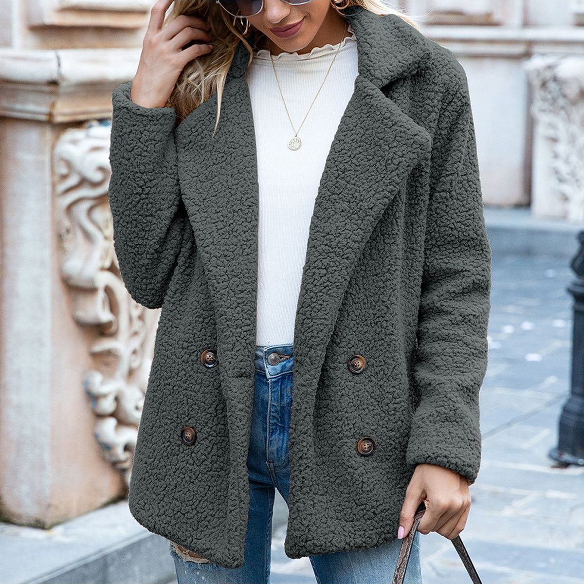 TIOZONEY - Chaqueta de felpa para mujer- Gris