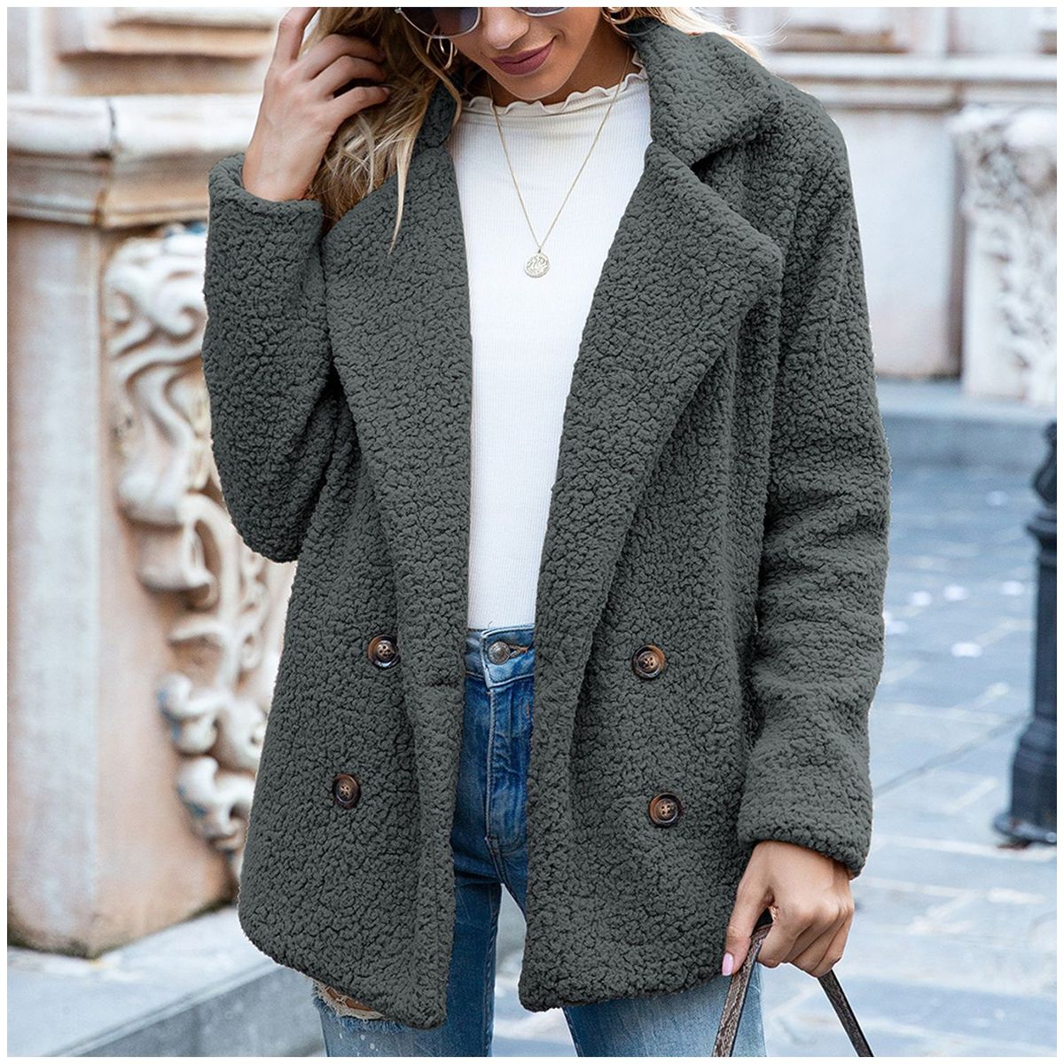 TIOZONEY - Chaqueta de felpa para mujer- Gris