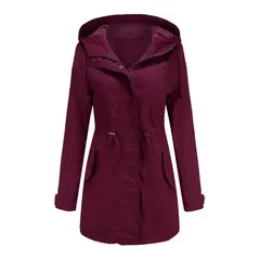TIOZONEY - Cortavientos largo con gorro para mujer - Burdeo