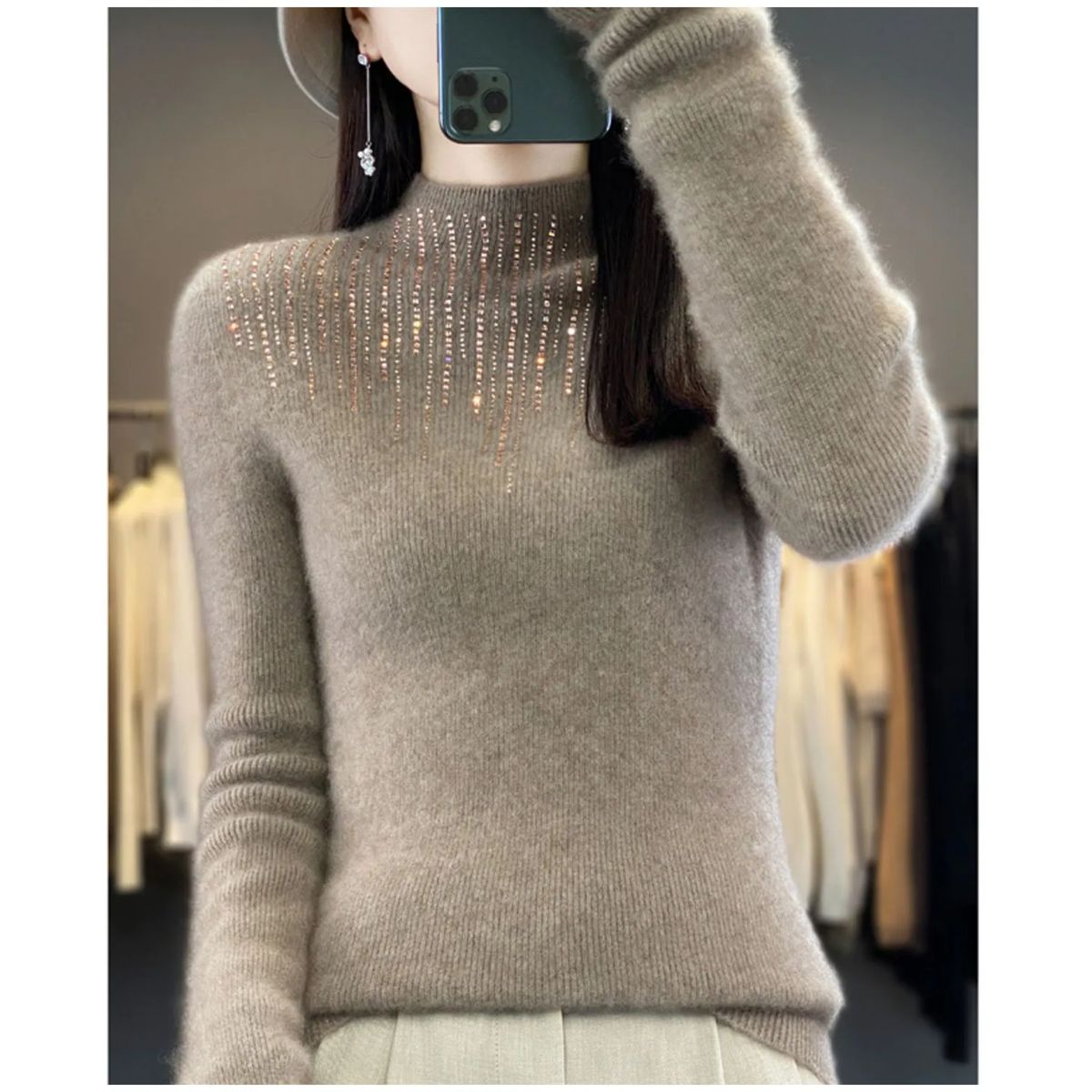 TIOZONEY - Suéter de cuello medio alto para mujeres - Café