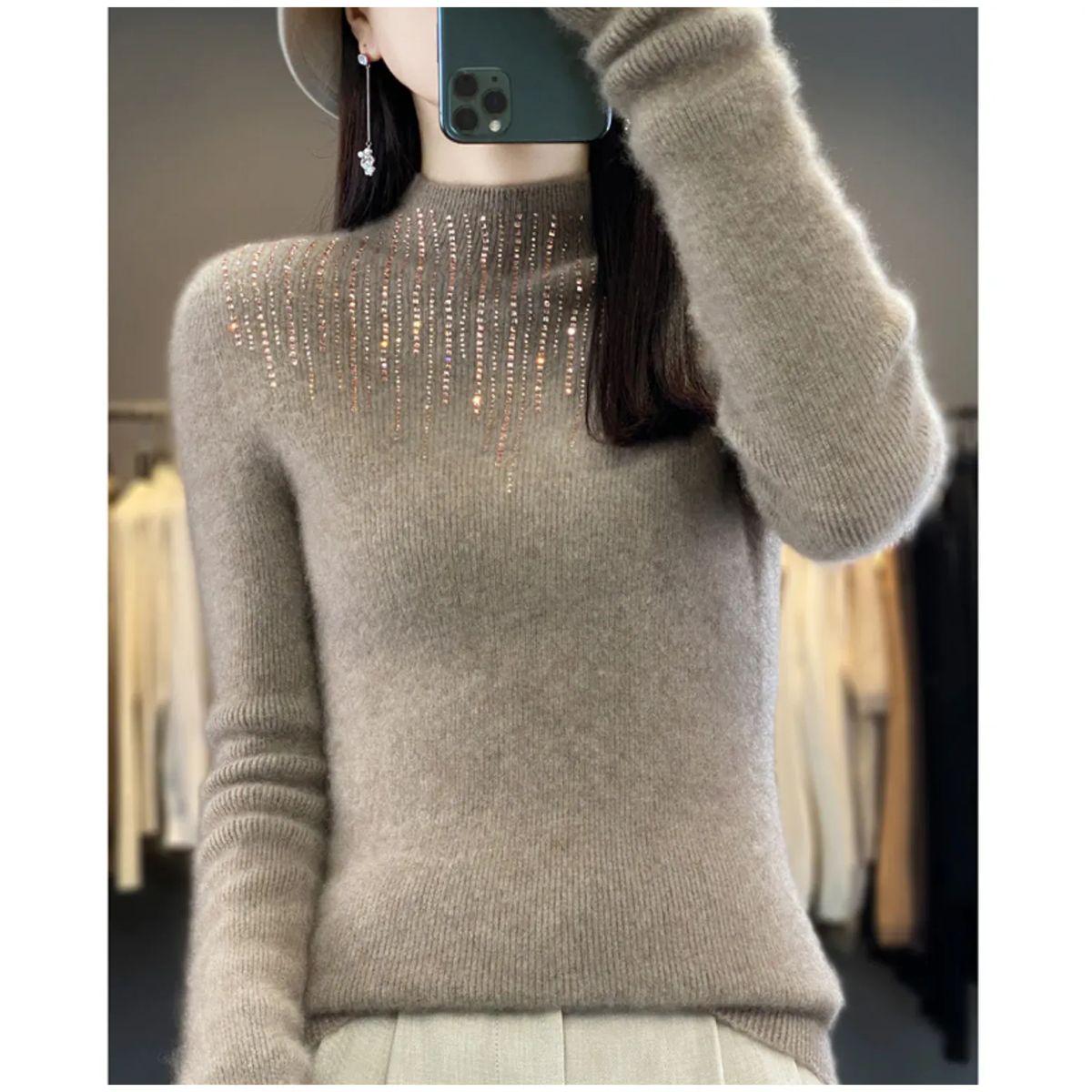 TIOZONEY - Suéter de cuello medio alto para mujeres - Café