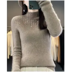 TIOZONEY - Suéter de cuello medio alto para mujeres - Café