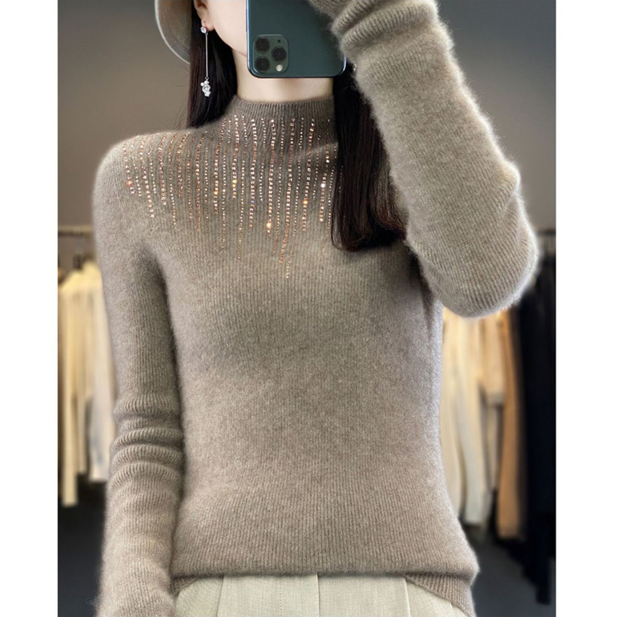 TIOZONEY - Suéter de cuello medio alto para mujeres - Café