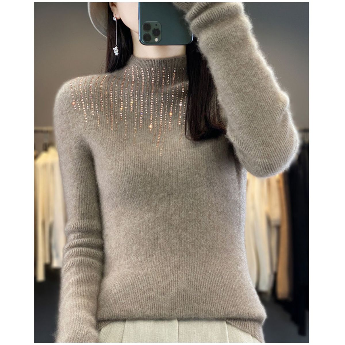 TIOZONEY - Suéter de cuello medio alto para mujeres - Café