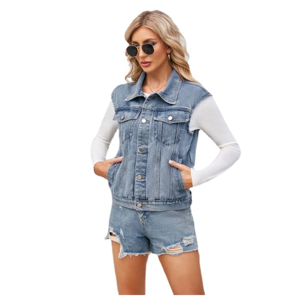 TIOZONEY - Chaqueta mezclilla sin mangas Mujer