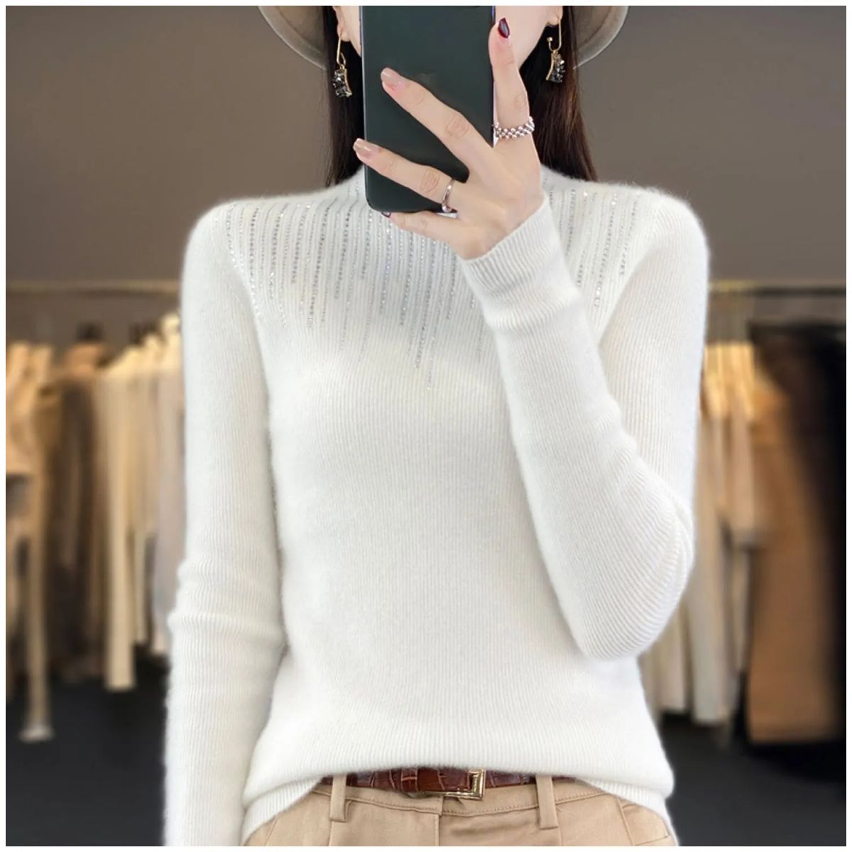 TIOZONEY - Suéter de cuello medio alto para mujeres - Blanco