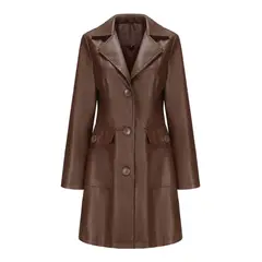 TIOZONEY - Abrigo de PU largo para mujer - Café Oscuro