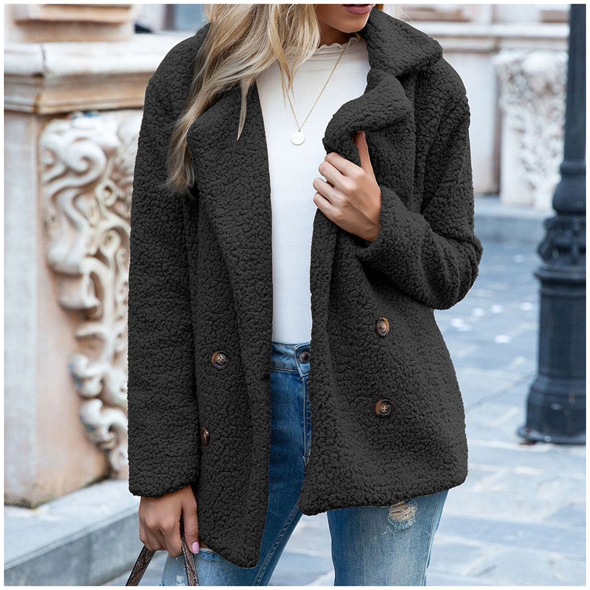 TIOZONEY - Chaqueta de felpa para mujer- Negro