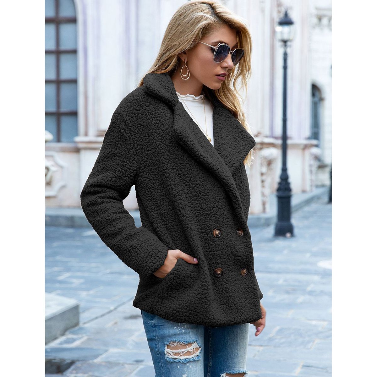 TIOZONEY - Chaqueta de felpa para mujer- Negro