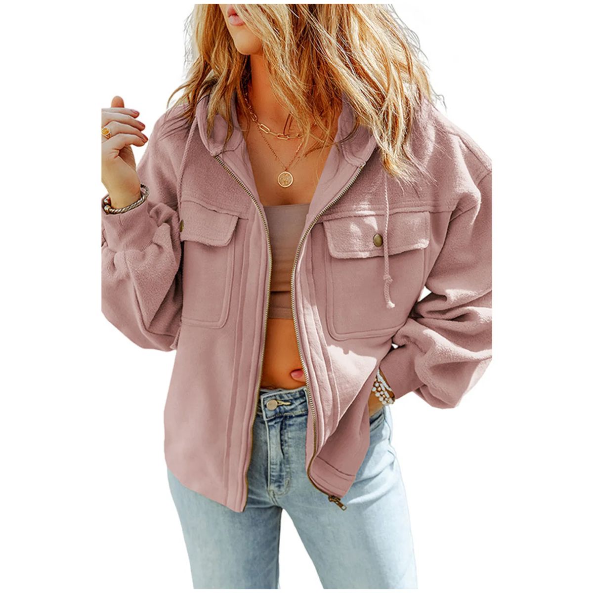 TIOZONEY - Chaqueta con capucha de peluche - Rosado