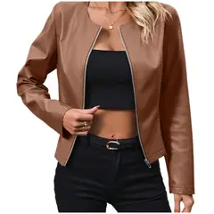 TIOZONEY - Chaqueta de PU de manga larga y cuello redondo