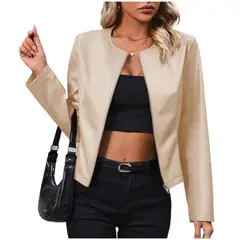 TIOZONEY - Chaqueta de PU de manga larga y cuello redondo