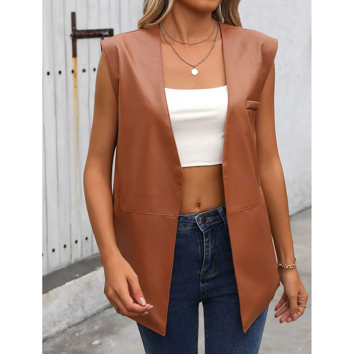 TIOZONEY - Chaleco de mujer sin mangas Chaqueta de PU