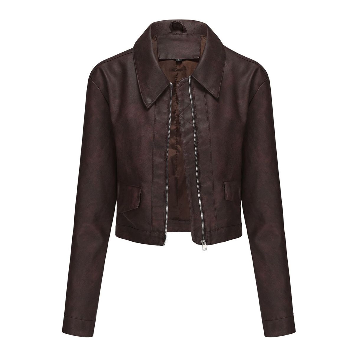 TIOZONEY - Chaqueta de piel con cremallera para mujer-Marrón