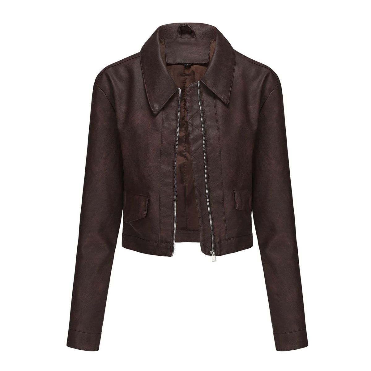 TIOZONEY - Chaqueta de piel con cremallera para mujer-Marrón