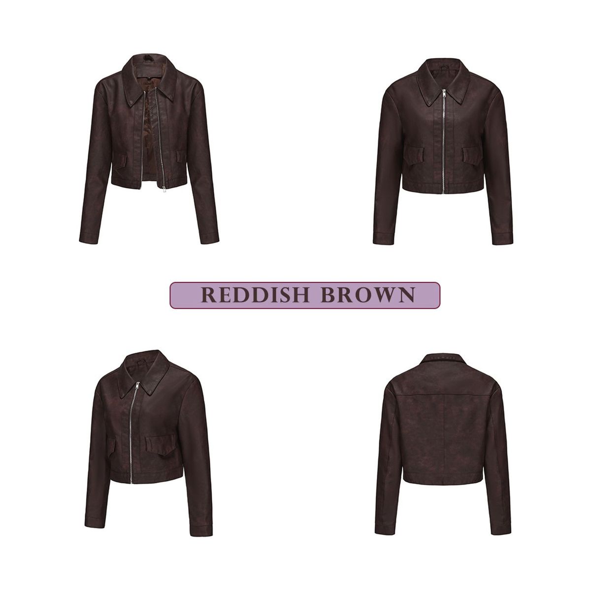 TIOZONEY - Chaqueta de piel con cremallera para mujer-Marrón