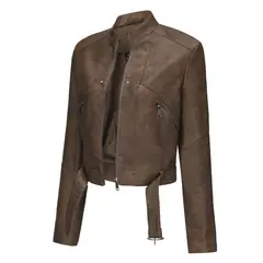 TIOZONEY - Chaqueta de piel con cremallera para mujer-Marrón