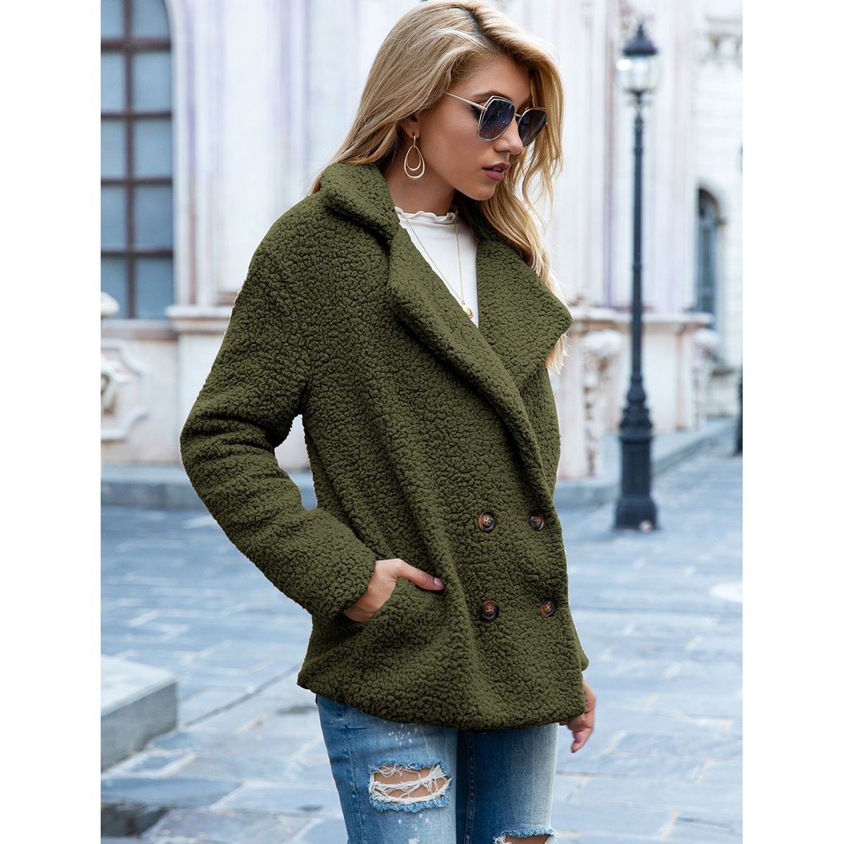 TIOZONEY - Chaqueta de felpa para mujer- Verde