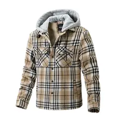 TIOZONEY - Chaqueta a cuadros con gorro para hombre - Café