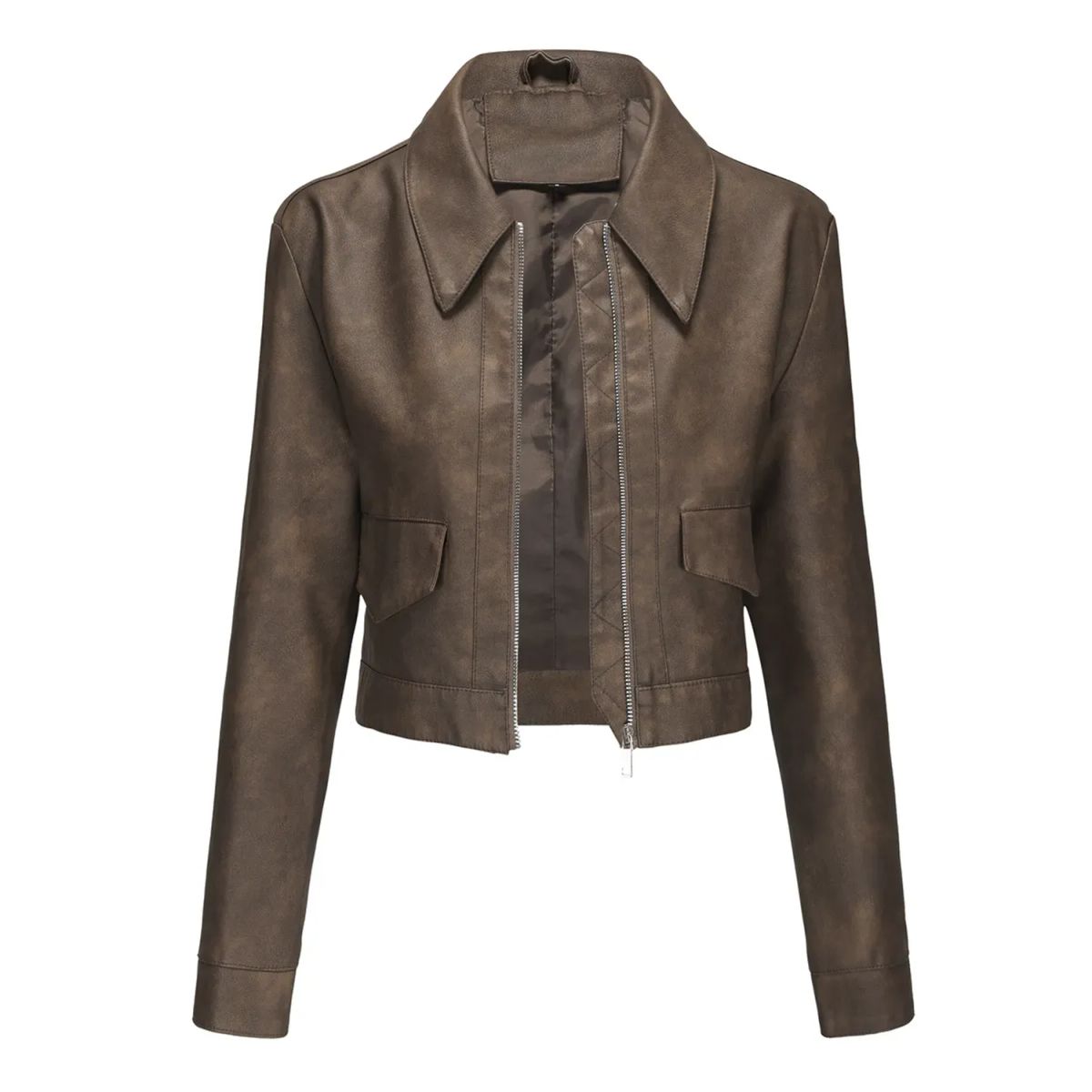 TIOZONEY - Chaqueta de piel con cremallera para mujer-Marrón