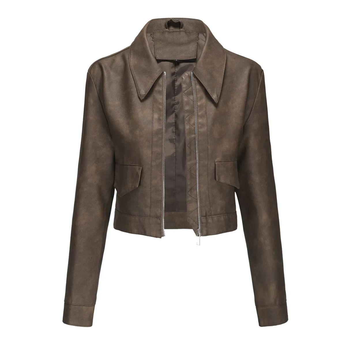 TIOZONEY - Chaqueta de piel con cremallera para mujer-Marrón