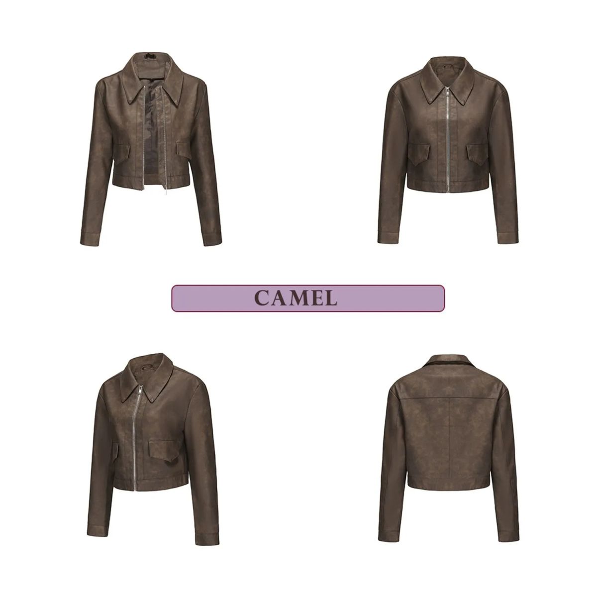TIOZONEY - Chaqueta de piel con cremallera para mujer-Marrón