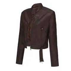 TIOZONEY - Chaqueta de piel con cremallera para mujer-Marrón