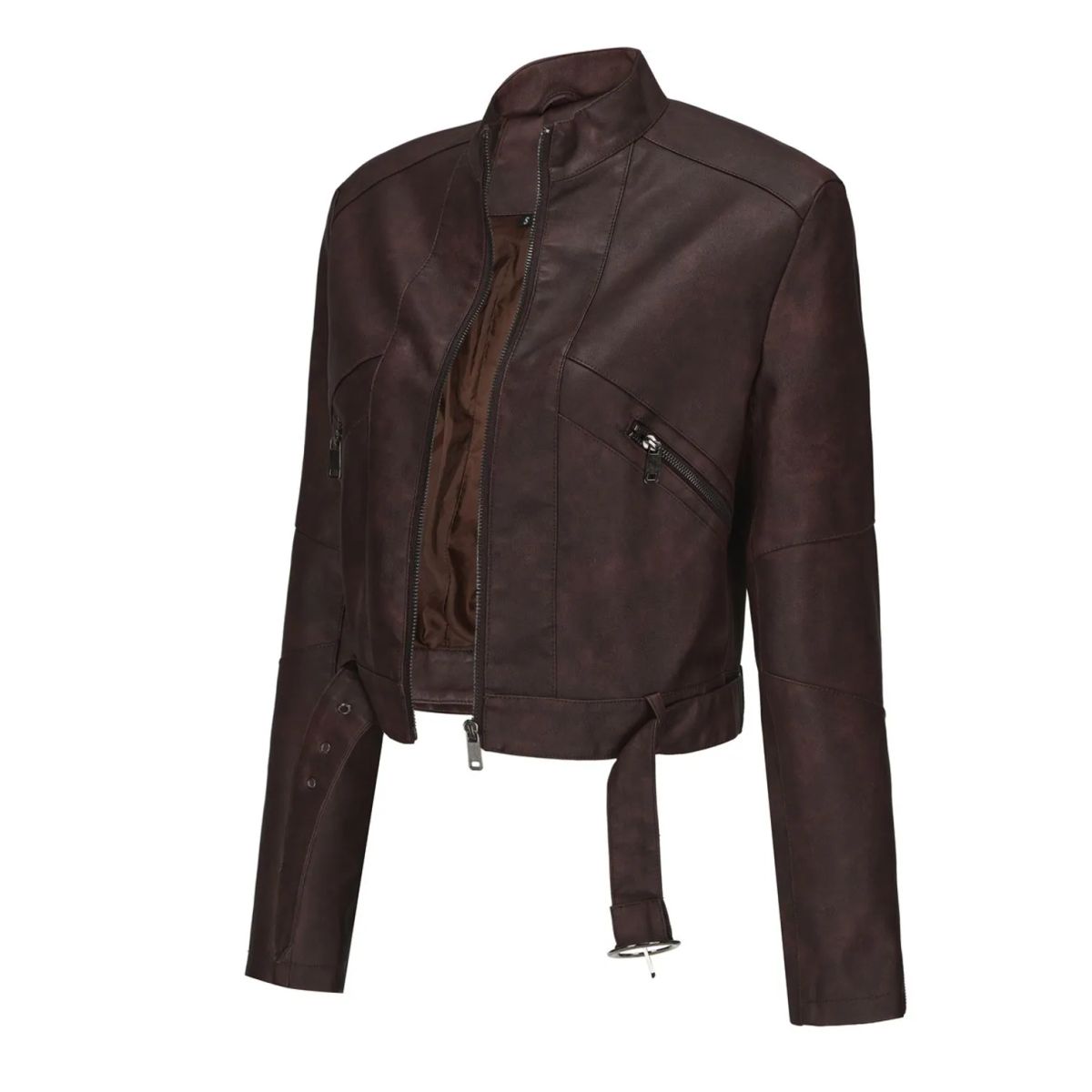 TIOZONEY - Chaqueta de piel con cremallera para mujer-Marrón