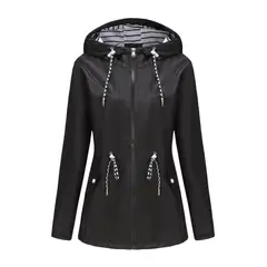 TIOZONEY - Cortavientos impermeable con gorro para mujer - Negro