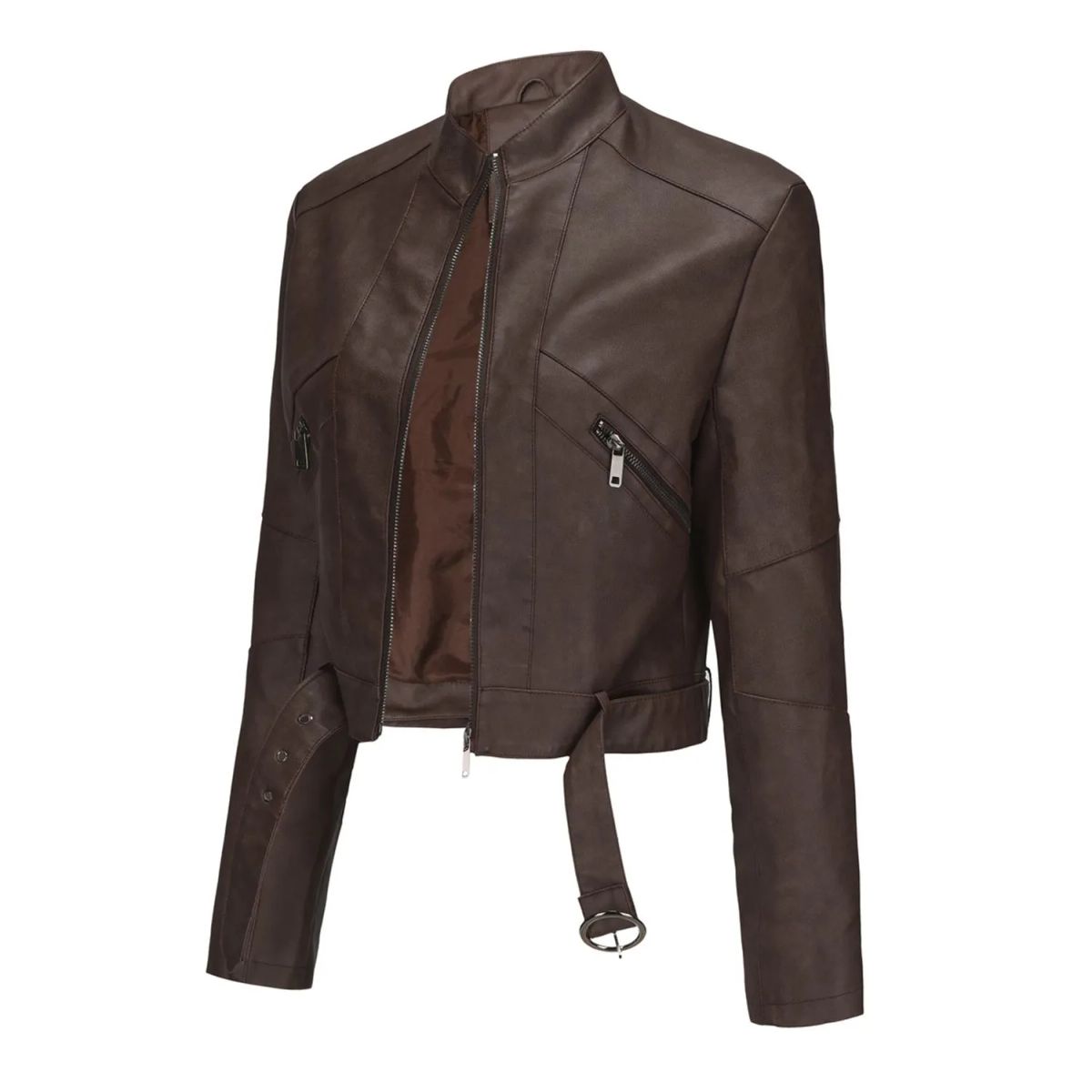 TIOZONEY - Chaqueta de piel con cremallera para mujer-Café