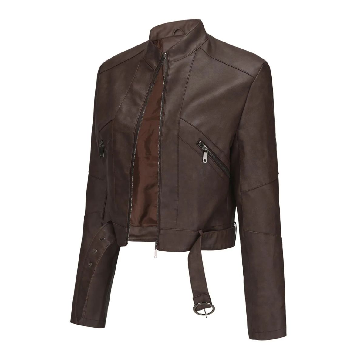 TIOZONEY - Chaqueta de piel con cremallera para mujer-Café