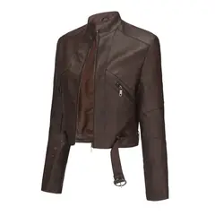 TIOZONEY - Chaqueta de piel con cremallera para mujer-Café